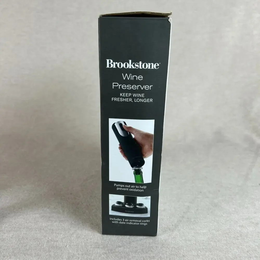 Brookstone Wine Preserver With 3 Wine Stoppers With Date Indicator Rings & Stand